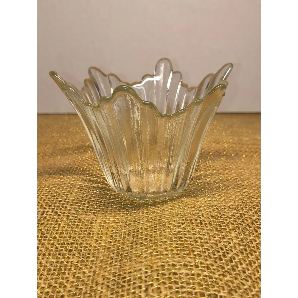 Vintage Glass Tulip Candy Bowl Set Ice Cream Dish Candle Holder Ribbed Wavy Rim